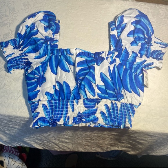 New Nordstrom Square Neck Puff Sleeve Crop Top Hawaiian Island Tropical Blouse - Picture 10 of 10